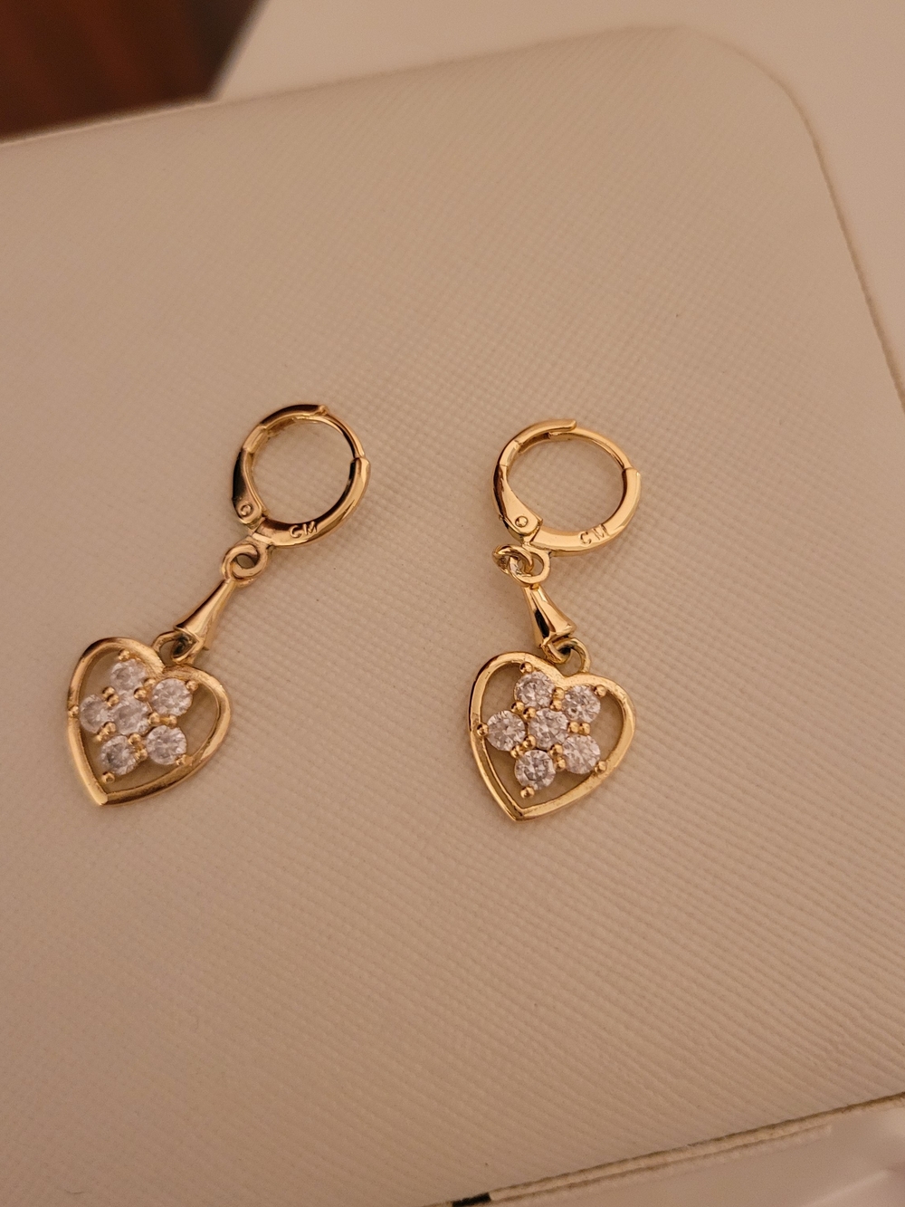 18k Gold Plated Heart Drop Earrings with Clear Crystal Accents